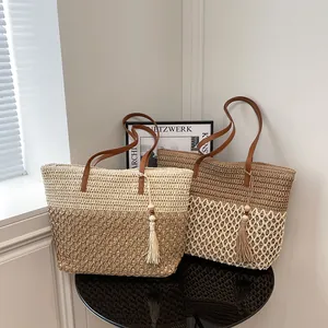 Vintage color-block straw tote bag with leather straps for beach and vacation style