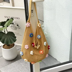 Women's Handmade Crochet Tote Bag With 3D Floral Decoration Bohemian Knitted Shoulder Bag For Summer Beach Casual Travel