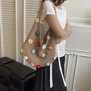 Floral crochet tote bag with colorful 3D flowers and large capacity shoulder strap