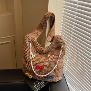 Handmade Straw Woven Tote Bag Women Shoulder Bag Seaside Resort Style Forest Retro Large Hobo Bag With Decorative Bows