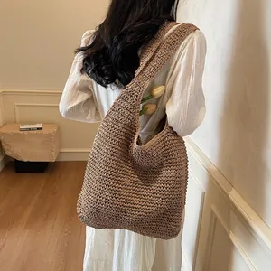 Brown handmade woven tote bag for women featuring a vintage boho style and large capacity