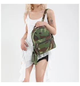 Detail view of large capacity camouflage backpack showing durable canvas texture and zippers