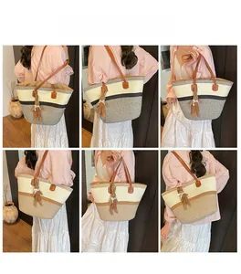Collage of chic woven straw tote bags with leather handles and cute rabbit charms