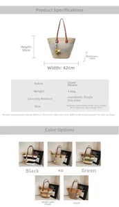 Detailed chart showing striped woven tote bag dimensions with colorful tassel accessory