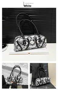 Detail shot of the white snake-patterned texture and rivet design on the shoulder bag