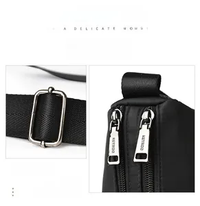 Détail de la boucle de réglage argentée et des fermetures éclair en métal sur sac noir