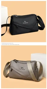 Détail des sacs bandoulière en nylon noir et gris avec plusieurs compartiments zippés