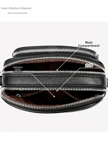 Draufsicht der schwarzen Ledertasche mit Mehrschicht-Reißverschluss und Innenfächern