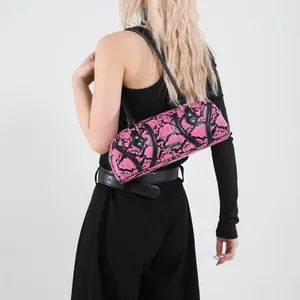 Pink snakeskin barrel shoulder bag with black strap and metallic logo plaque detail