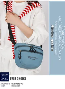 Close-up of blue nylon crossbody bag with dual zippers and adjustable shoulder strap