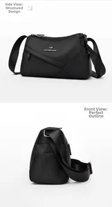 Vue de côté du sac bandoulière en nylon noir avec fermeture éclair et forme 3D