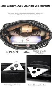 Detailed view of black litchi pattern leather bag with multiple storage compartments