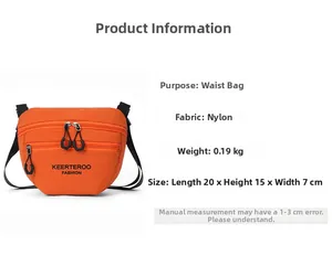 Detail view of orange nylon crossbody bag showing 20x15x7cm dimensions and 0.19kg weight