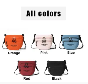 Nylon crossbody bags in orange, pink, blue, red, and black with double zippers