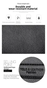 Detail of waterproof lychee grain leather with embossed brand logo on crossbody bag