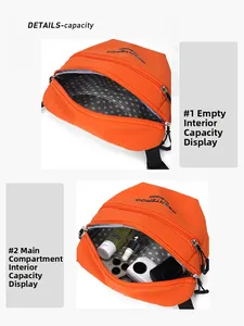 Detail view showing internal capacity of orange nylon bag with polka dot lining