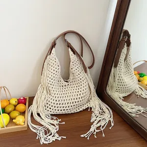 Handgefertigte Gewebte Tragetasche für Damen Französisch Retro Schultertasche mit Quasten Boho Wachsseil Urlaub Strandtasche