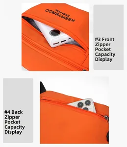 Detail showing dual zippered pockets of orange nylon crossbody bag with phone storage