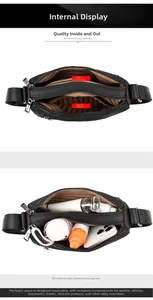 Vue intérieure du sac bandoulière noir avec multiples poches zippées et doublure rayée