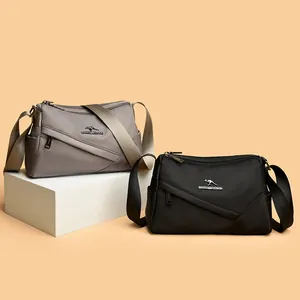 Sac à Bandoulière Femme en Tissu Oxford Urbain Simple Multi Poches Léger Logo Kangourou Sac à Main de Voyage Décontracté
