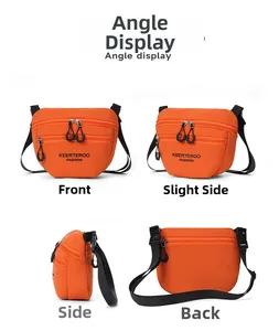 Multi-angle view of orange nylon crossbody bag with three zippered compartments