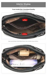 Detailed interior of a black leather crossbody bag showing multi-layer compartments and capacity