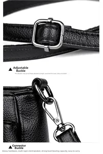 Detail of silver-tone hardware and adjustable buckle on black lychee texture crossbody bag
