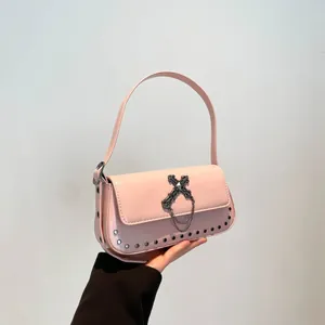 Women Gothic PU Leather Underarm Bag With Metal Cross Chain And Rivet Retro Punk Style Shoulder Bag Chic Crossbody Handbag