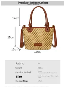 Size chart showing dimensions and PU straw material for this stylish bucket bag