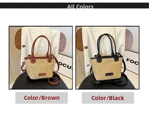 Detail showing woven bucket bag in brown and black options with leather handles