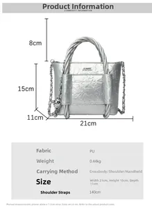 Silver PU leather bucket bag with dimensions 21x15x11cm and woven handle details