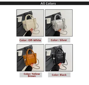 Four color variants of the mini tote bag with braided handles and chain straps