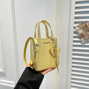 Women Fashion Mini Tote Bag PU Leather Lychee Texture Heart Pendant Crossbody Shoulder Handbag For Daily Casual Use