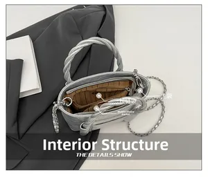 Detail view of silver bucket bag showing internal pockets and brown striped lining