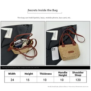 Size chart showing dimensions for beige straw bucket bag with brown leather straps