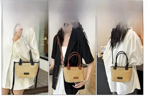 Straw bucket bag with leather trim shown in crossbody, shoulder, and handbag styles