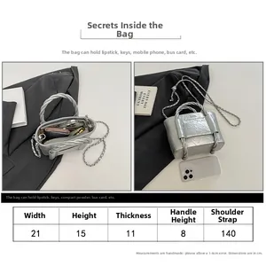 Size guide for silver metallic bucket bag showing dimensions and interior capacity details