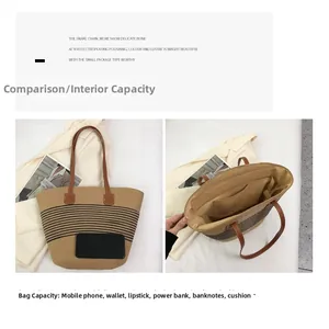 Detail view of woven straw tote bag showing internal capacity and inner pocket