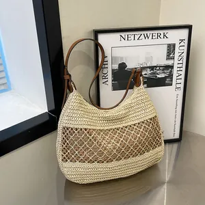 Borsa Tote Estiva in Paglia Intrecciata per Donna con Rete Traforata Spiaggia Vacanza Borsa Spalla Retro Tracolla PU Moda