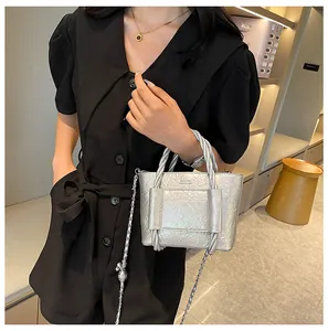 Close-up of metallic silver bucket bag with woven handle and luxury chain strap detail