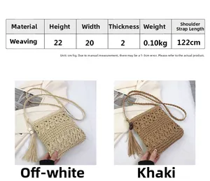 Detailed size chart for handmade woven crossbody bag with fringe decoration and measurements