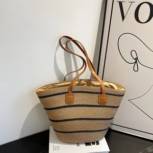Large Handwoven Straw Tote Bag Women Summer Beach Vacation Striped Shoulder Bag Minimalist Woven Bucket Bag Synthetic Leather Handle