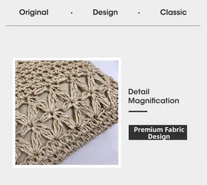 Detailed close-up of beige woven straw fabric showing premium crochet texture and lining