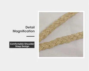 Detailed magnification of the comfortable woven shoulder strap on a beige straw crossbody bag
