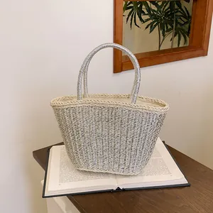 Sac Panier en Paille Tissée Tendance Avec Paillettes Métalliques pour Femmes Sac de Plage Été Or Argent Sac Fourre-Tout