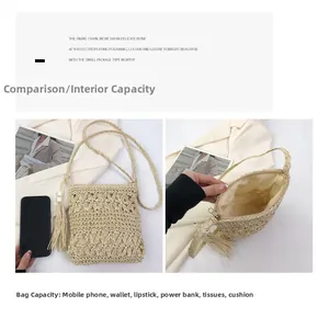 Detail view of mini straw bag showing inner capacity next to a smartphone size reference