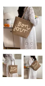 Detail of French vintage straw tote with Bon jour embroidery and hollow weave