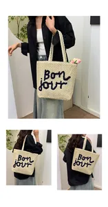 Detailed views of beige woven tote bag featuring black Bon jour embroidery and hollow texture