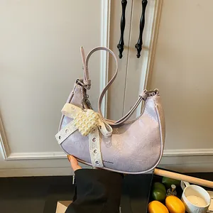 Women's Pleated PU Leather Half Moon Hobo Bag With Lace Bow Artificial Pearl Pendant Elegant Underarm Shoulder Bag Fashion Handbag Casual Purse