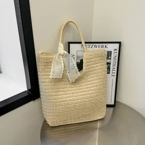 Women Large Capacity Straw Woven Tote Bag With Lace Bow Ribbon Vintage Handmade Beach Handbag For Summer Vacation Daily Use